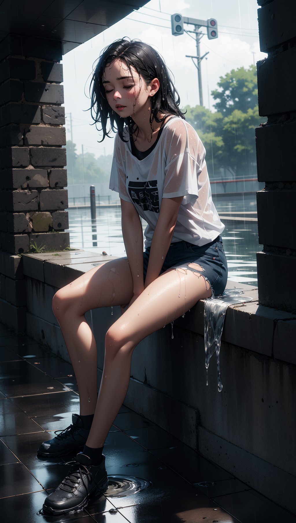 HDR photo of,(dark night, minimal light, moody, deep shadows:1.1),(full body shot),a gorgeous sensual woman,eyes closed,leaning up against a stone wall,(torn t-shirt:1.2),torn shirt,torn clothes,her skin and hair are soaking wet,(soaking wet clothes),(heavy water flowing down the wall:1.3),(heavy rain:1.4),(rain),high dynamic range,vivid,rich details,clear shadows and highlights,realistic,intense,enhanced contrast,highly detailed,