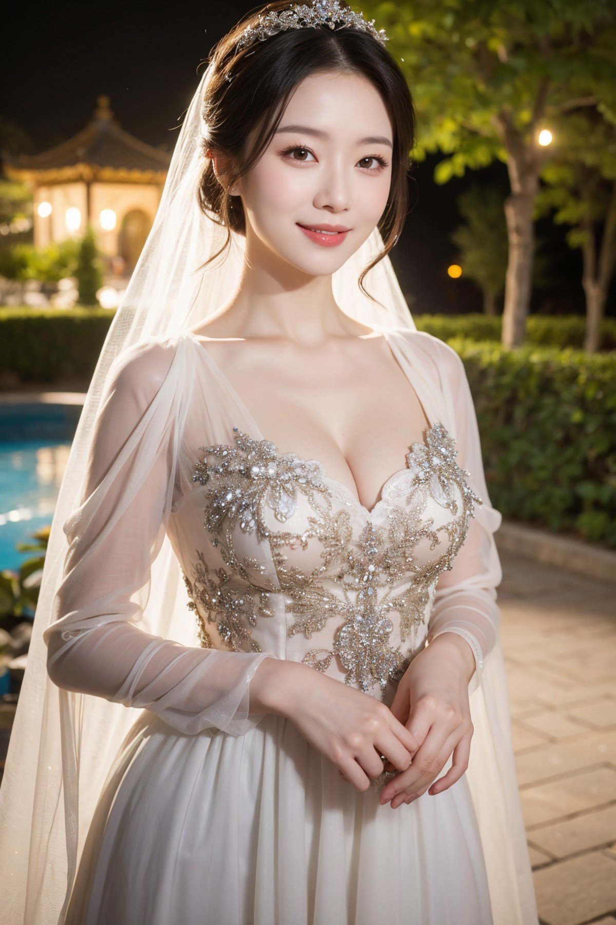 (masterpiece:1.2),1girl,pale_skin,realistic skin,chinese,(upper body),A dreamy beauty adorned in a flowing gown with crystal embellishments,standing amidst a glittering enchanted garden,depth of field,medium breast,cleavage,smile,