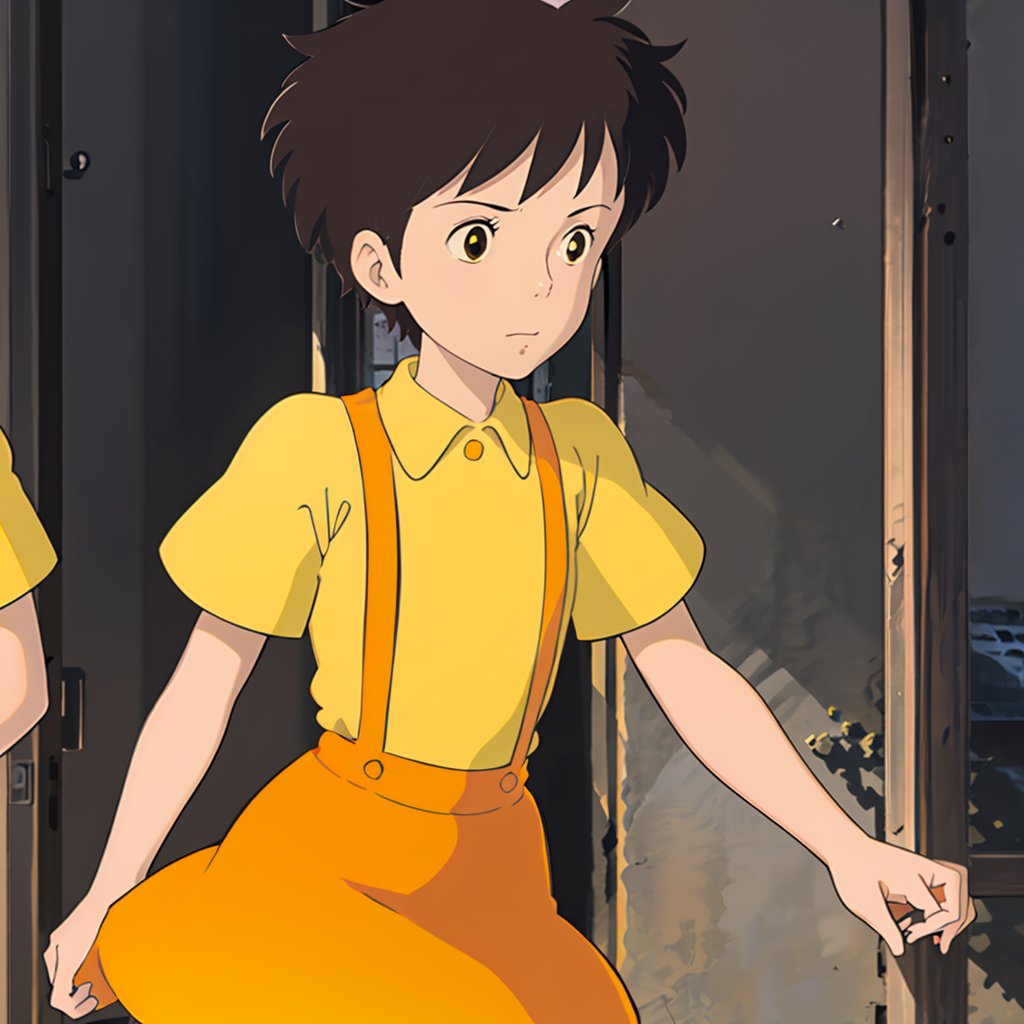 <lora:totoro001:0.7>,Satsuki,1girl,yellow shirt,short sleeves,suspenders,skirt,