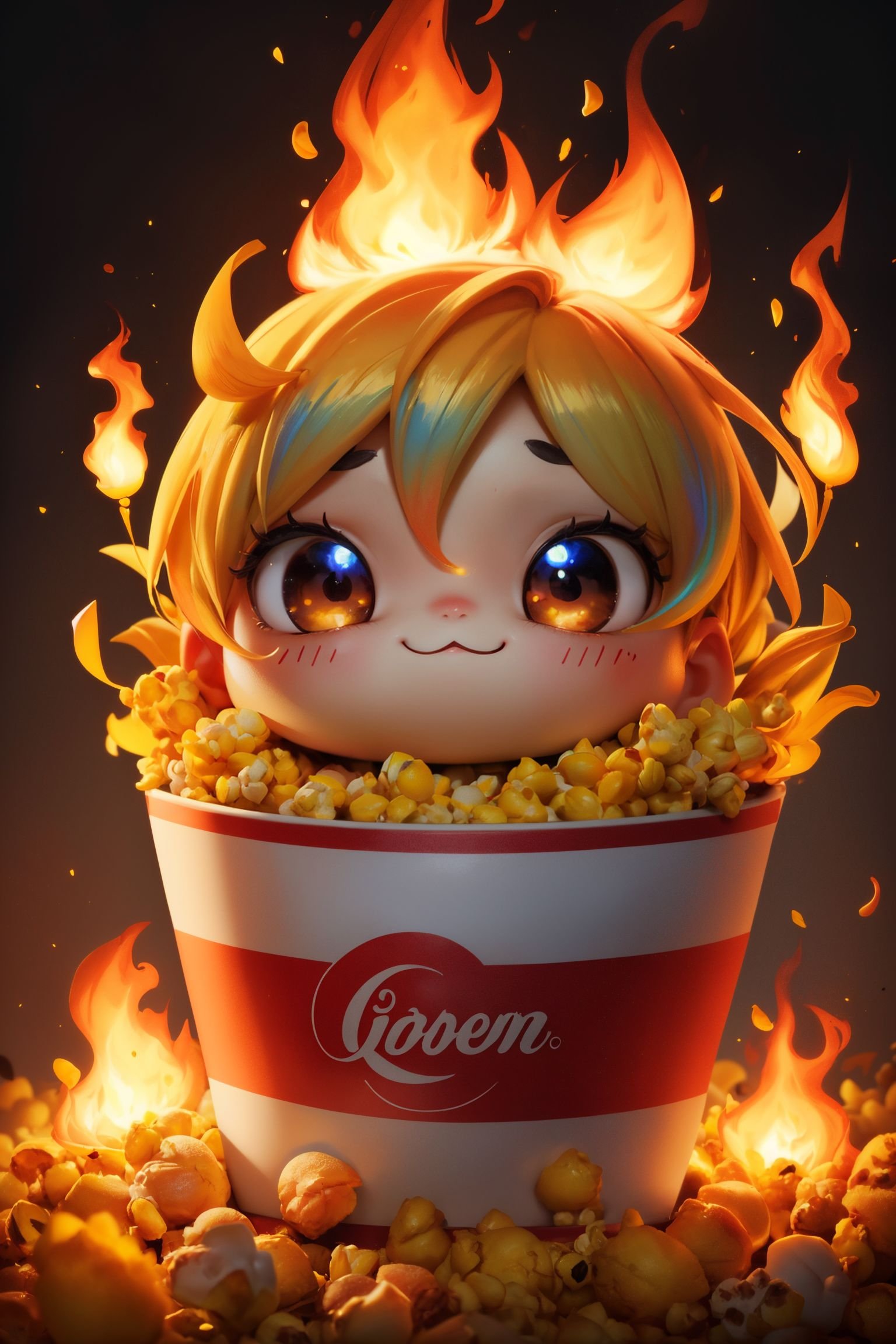 (8k, Best quality, Masterpiece),no humans,minimalism,cartoon,burning melting corn,horror,body horror,smile from ear to ear,corn kernels,popcorn,fire background,thick smoke,aesthetic,iridescent glare gradient,by Franklin Booth,surreal,composition,high image clarity,(kawaii,chibi:1.1),