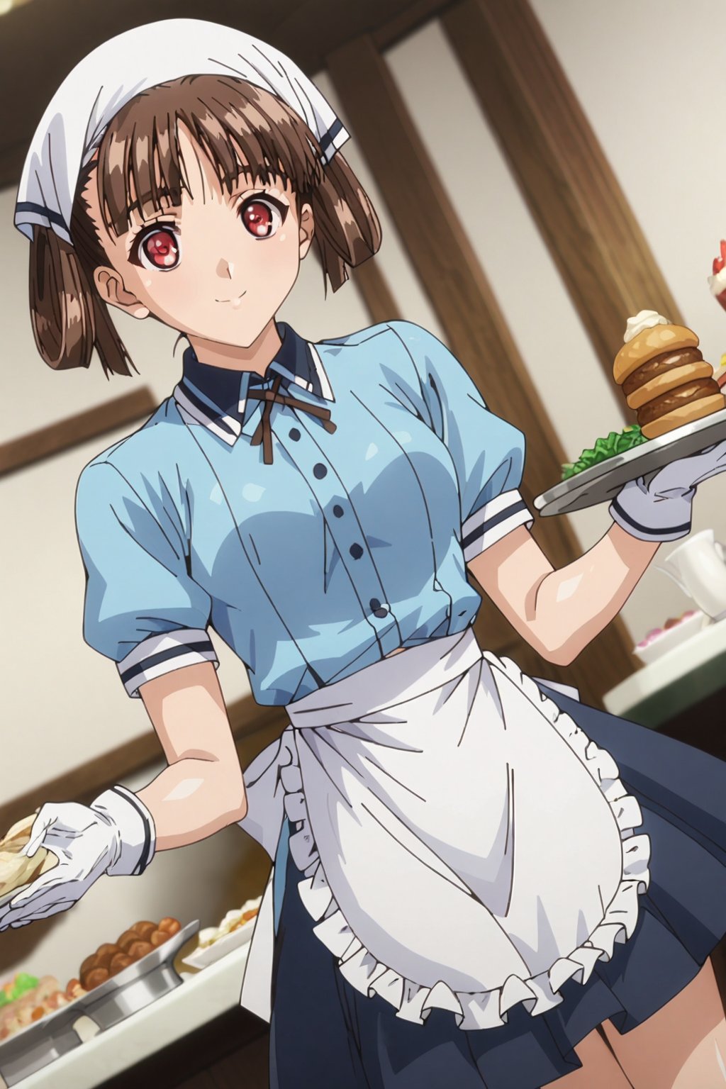 soratani natsuki, red eyes, brown hair, hair rings,1girl, solo, smile, apron, blue shirt, blue skirt, frilled apron, frills, gloves, head scarf, shirt, short sleeves, skirt, uniform, waist apron, waitress, white apron, white gloves, food, tray, food tray, indoors, restaurant, looking at viewer, dutch angle,masterpiece, perfect face, best quality, beautiful girl, blurry background, cute girl, beautiful eyes, shiny eyes, anime coloring, anime screencap, absurdres, <lora:soratani natsuki anim:0.8>