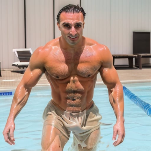 30yo, muscular man, in wet silkies, coming out of a swimming pool, dutch pose