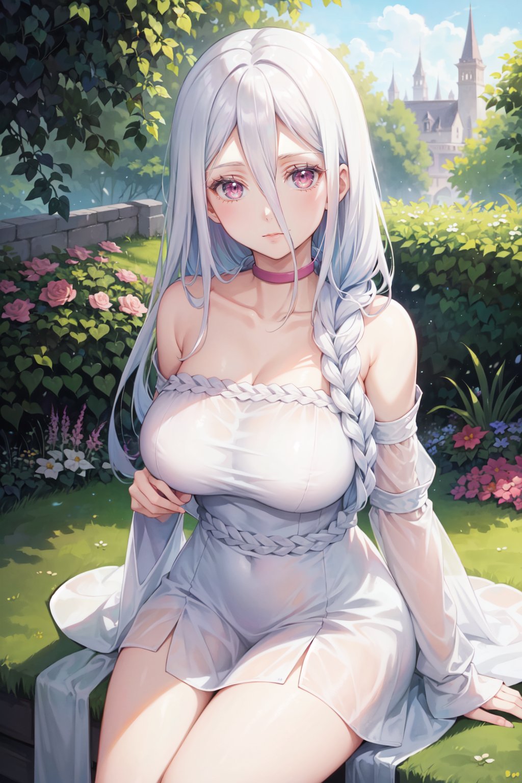 (best quality, ultra detailed), (detailed background:1.2), (perfect face, detailed face), looking at viewer, (mature female:1.4),<lora:shiraori-10:1> shiraori, 1girl, long hair, hair between eyes, braid, dress, white dress, very long hair, single braid, choker, bare shoulders, wide sleeves, , large breasts(outdoors, garden, sitting)    