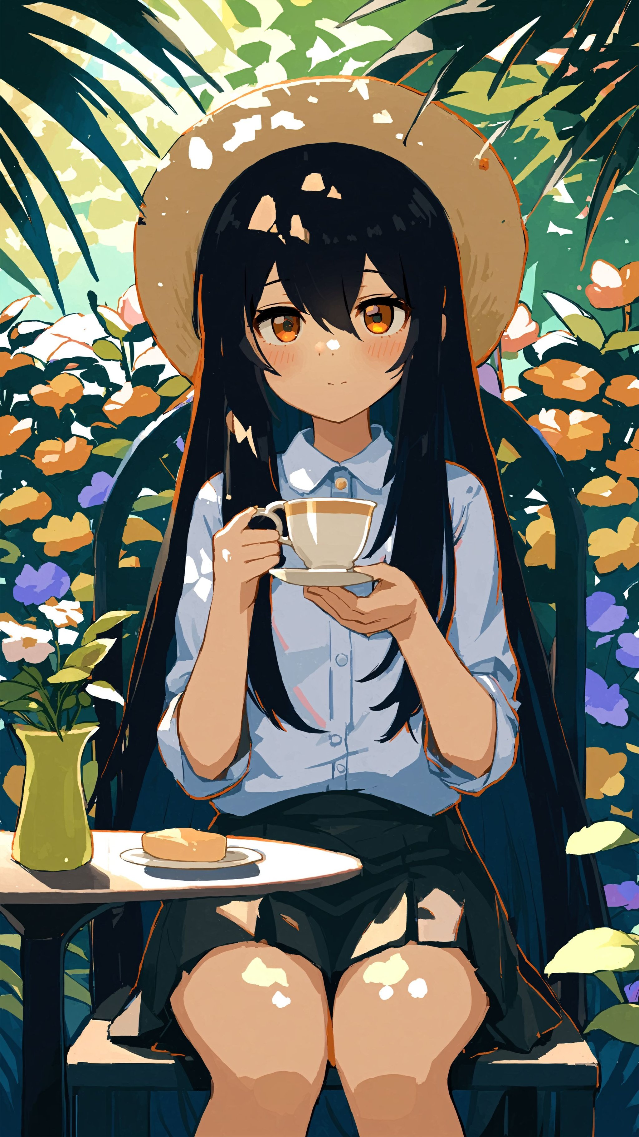 1girl, cup, solo, holding, holding cup, shirt, long hair, skirt, plant, black hair, hat, sitting, black skirt, teacup, looking at viewer, flower, outdoors, white shirt, dappled sunlight, bangs, blush, closed mouth, holding saucer, chair, very long hair, saucer, orange eyes, hair between eyes, sunlight   <lora:XLTEST 13:0.7>