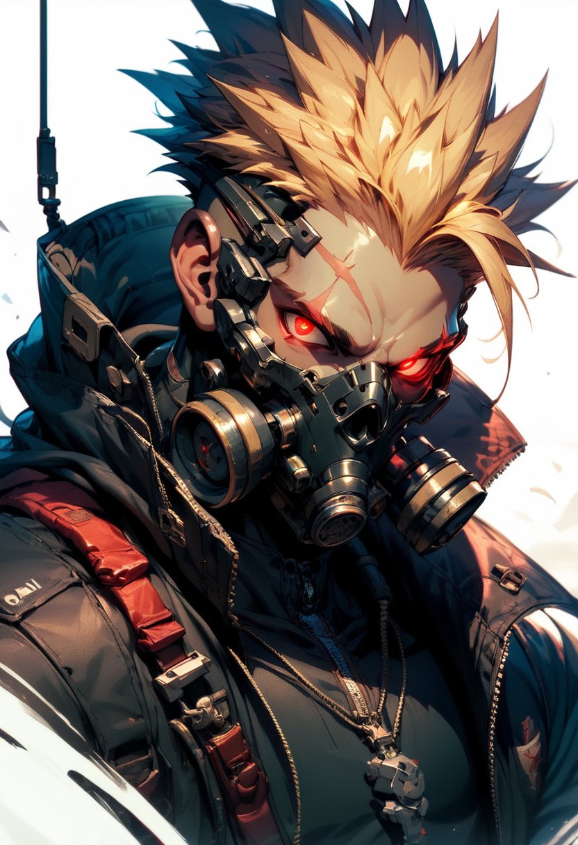 (score_9, score_8_up, score_7_up), zPDXL, solo, looking at viewer, blonde hair, simple background, red eyes, 1boy, white background, jacket, upper body, male focus, black jacket, mask, glowing, scar, spiked hair, glowing eyes, scar on face, zipper, colored sclera, scar across eye, cable, glowing eye, cyborg, gas mask, tube<lora:BioPunky:0.8>