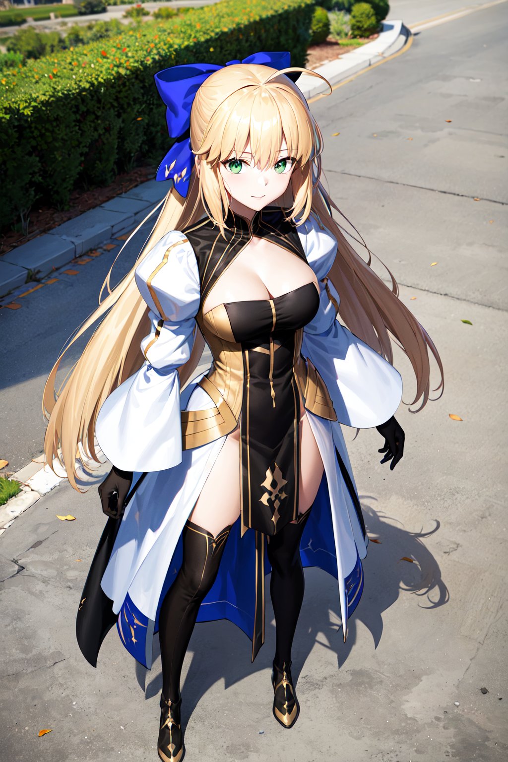 masterpiece, best quality, highres, cccaster, long hair, ahoge, hair bow, green eyes, cleavage, dress, puffy sleeves, long sleeves, black gloves, pelvic curtain, black thighhighs, <lora:artoria_caster_(caster)_v1:0.7>, standing, outdoors, full body, looking at viewer, from above,