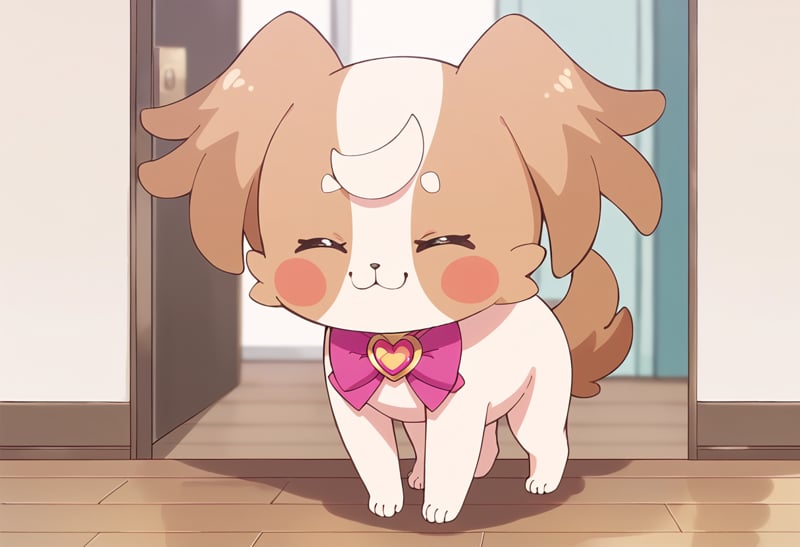 score_9, score_8_up, score_7_up, source_anime, BREAKkmg-dog, solo, closed eyes, :3, no humans, indoors, furry, blush stickers, closed mouth, pink neckwear, full body, = =, pink bow, facing viewer, body fur, blush, blurry background, animal focus, animal nose, smile, dog, close-up, 1other, dog tail, brown tail, purple bow, pink choker, ^ ^, happy, neck ribbon, portrait, dog ears, purple neckwear, two-tone fur, creature, standing, sleeveless, heart brooch, pink bowtie, door, brown fur, :i<lora:cure_wonderful_inukai_komugi_sdxl_locon_pony_v1:0.7>