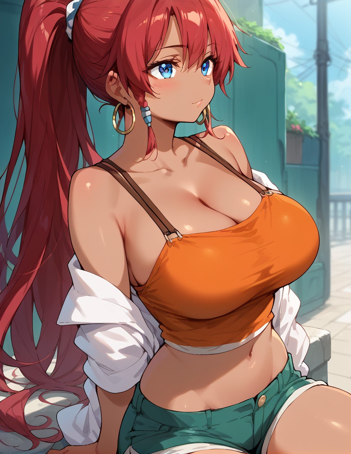 close-up,1girl,<lora:bellows_pony:1>,bellows,red hair,blue eyes,ponytail,large breasts,dark skin,bare shoulders,orange tank top,hoop earrings,shorts,short shorts,, score_9,score_8_up,score_7_up,score_6_up,score_5_up,score_4_up,