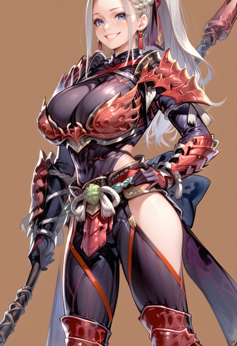 (score_9:0.9),score_8_up,score_7_up,anime style,rating_safe,(zPDXL),<lora:Odogaron Armor Alpha ponyXL v1.5:0.91>,odogaron alpha armor,red gauntlets,red thighboots,1girl,solo,smile,blue eyes,long hair,braid,jewelry,looking at viewer,weapon,earrings,hand on hip,simple background,holding,holding spear,brown background,spear,grin,ponytail,standing,huge breasts,