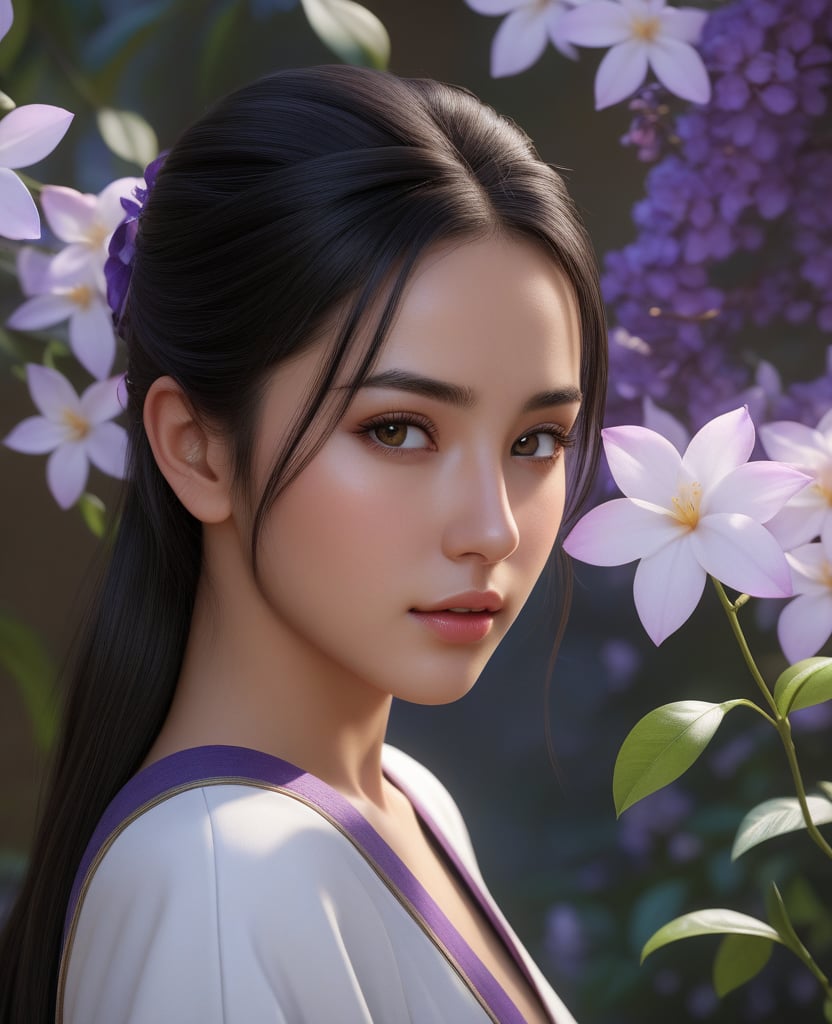 (,1girl, ,best quality, )masterpiece, fantasy, realistic,science fiction,mole, ultra realistic 8k cg, ,tamari \(flawless\),    ,jasmine \(flower\),  purple flower,       (()), (()),