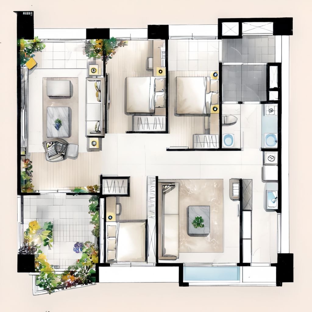 (A residential floor plan, LAYOUT, Construction plan, construction sales plan, interior design, design competition, Award competition:1.5), (sofa|tables and chairs|kitchenware|carpet|bathtub|toilet|bar|bed|recliner_furniture, flower garden|potted plant|pool|plant_landscape, car|motorcycle|bicycle_vehicle:1.3),(a line drawing lineart linework:1.2),(lineart:1.2),(blue line draft:1.2), (monochrome:1.2), (black and white:1.2),(patern texture:1.2),(sharp outline:1.2),( high contrast:1.1), (contour deepening:1.2),(architectural drawing, Enhanced contours, very sharp, very detailed, textured, no_humans, potted_plant, pattern),livingroom, bedroom, kitchen dinningroom, balcony, Terrace, bathroom, toilet, corridor, entrance hall, window, plant, indoors, scenery, tree,flat painted background,extremely detailed, Floor Plan, extrusionbuilding, clear, great lighting