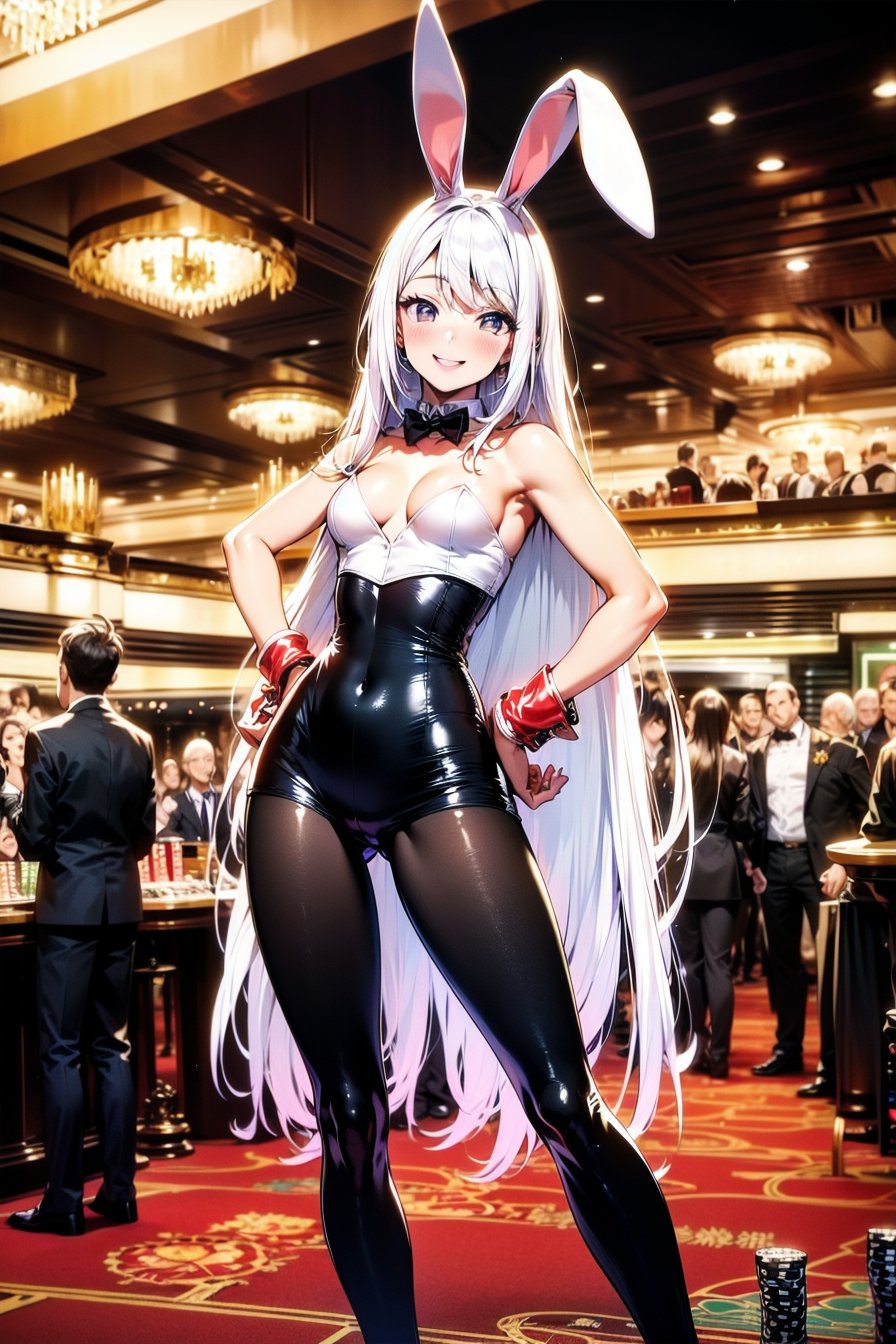 masterpiece, best quality, highres, 1girl, petite, long hair, white hair, bunny ears, black bunnysuit, pantyhose, smile, hands on hips, casino