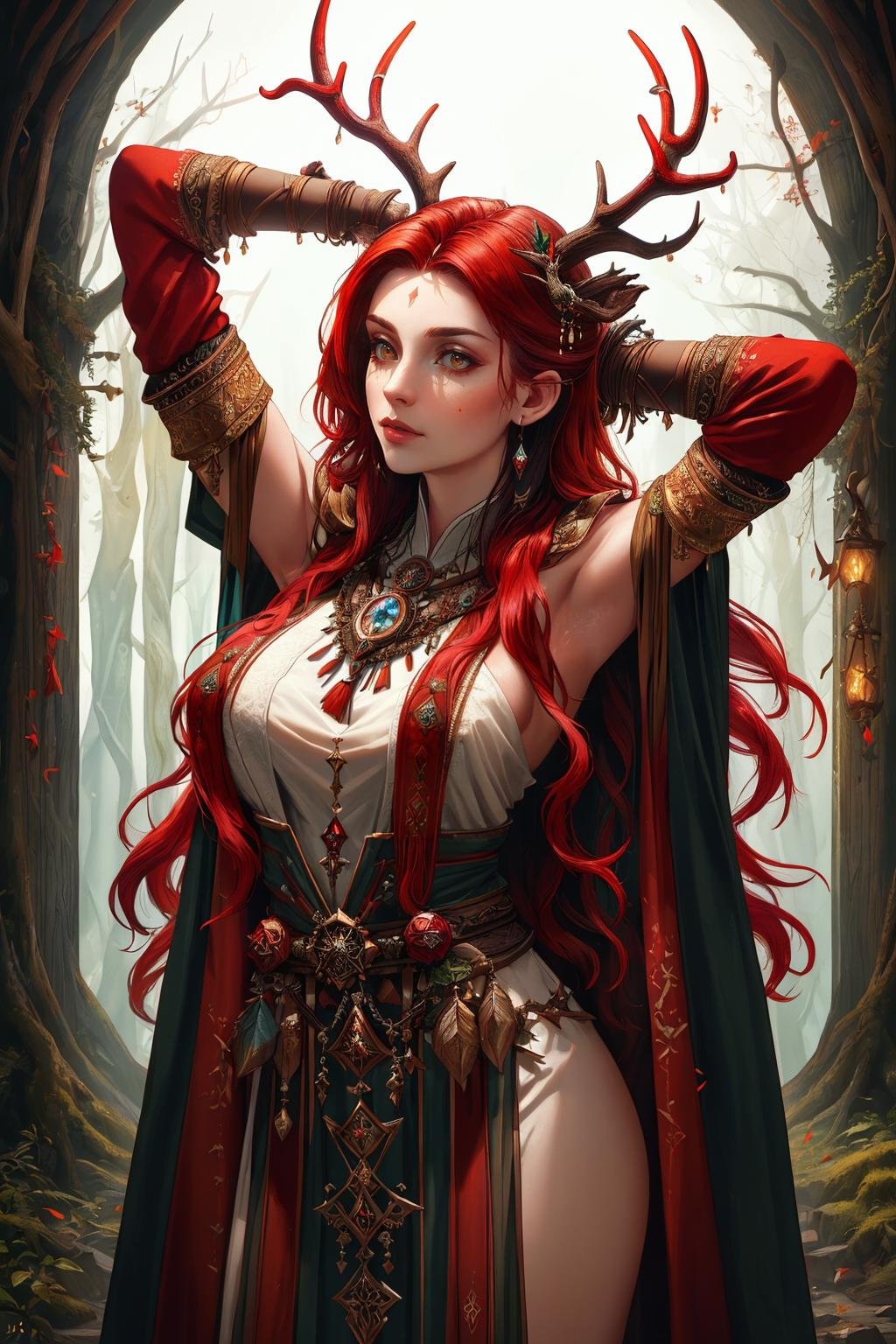 ((Masterpiece, best quality,edgQuality)),arms behind head,edgAntlers, a woman in mage robes,dressed in wooden antlers <lora:edgReindeerTeamAntlers:0.8>