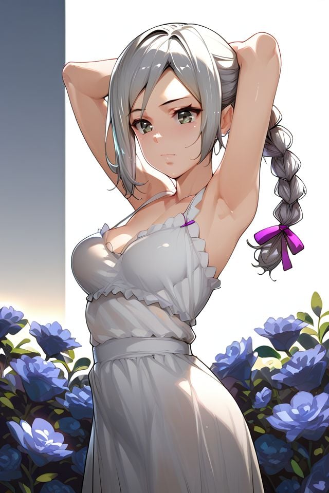 score_9, score_8_up, score_7_up, 1girl, solo, puzzled, silver hair, hair_intakes, braid, grey eyes, medium breasts, arms behind head, beautiful background <lora:Menyoujan_PonyXL_style_v01.06.01:1>