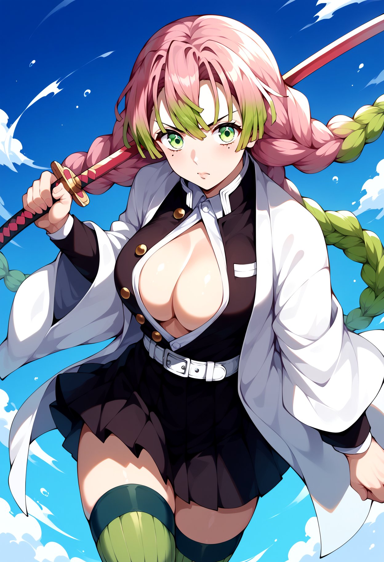 score_9, score_8_up, score_7_up, source_anime, aamitsuri, long hair, braid, multicolored hair, green eyes, mole under eye, large breasts, japanese clothes, cleavage, white jacket, haori, black shirt, open clothes, belt, pleated skirt, black skirt, green thighhighs, ribbed legwear, <lora:kanroji_mitsuri_ponyxl_v1:0.8>, standing, cowboy shot, holding weapon, katana, serious, fighting stance, 