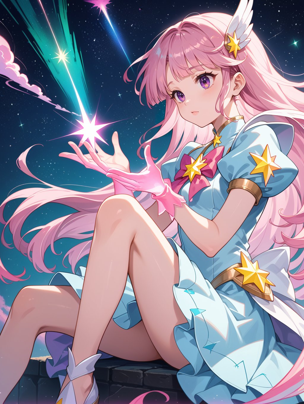 score_9, score_8_up, score_7_up,source_anime,magical girl, sitting with legs dangling over edge, relaxed expression, long pink hair with silver strands, light blue dress with intricate designs, radiant energy, twilight sky, starry sky with shooting stars, soft moonlight, perfect body proportions, detailed hands, vibrant colors