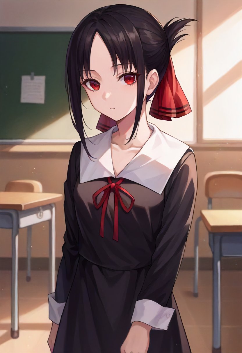 score_9, score_6_up, source_anime, 1girl, solo, cowboy shot, classroom, shinomiya kaguya, red eyes, black hair, hair ribbon, black dress, white sailor collar, neck ribbon, red ribbon, expressionless, looking at viewer <lora:love_is_war_sdxl_pony:0.8>