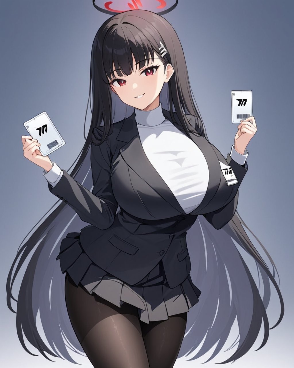 rio \(blue archive\),1girl, halo, solo, looking_at_viewer, jacket, large_breasts, high_heels, formal, suit, turtleneck, hairclip, pleated_skirt, black_pantyhose, holding, id_card, smile, black_skirt, long_sleeves<lora:rio_(blue_archive)_image2123_2023-12-03:1>halo. gorgeous,key visual, vibrant, studio anime,award-winning, professional, highly detailed,high budget, cinemascope