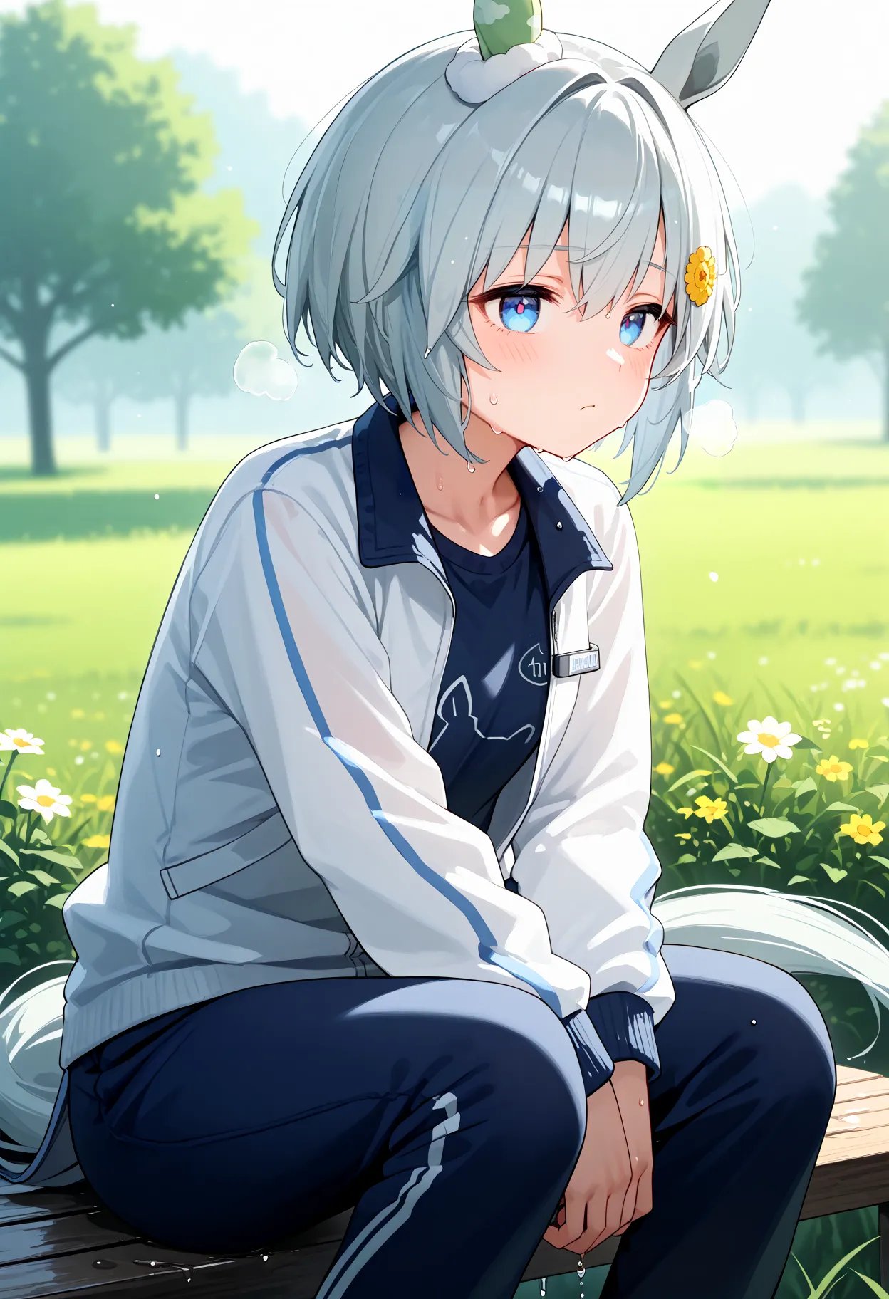 score_9, score_8_up, score_7_up, BREAK, best quality, masterpiece, very aesthetic, ultra detailed,very detailed background,BREAK,,zPDXL3,Seiun_Sky, 1girl, solo, horse ears, horse tail,bangs, short hair, blue eyes, white hair, hair ornament, wet skin,steaming body,tracksuit,sweat drop,field,daytime,school gym clothes,Tired,standing, hands on knees,steam,Open Jersey,sitting,front view,<lyco:Seiun_Sky-ponyXL_locon:1>