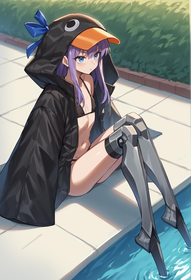 1girl, long hair, purple hair, blue eyes, flat chest, ribbon, black raincoat, orange visor, animal hood, long sleeves, sleeves past fingers, black bikini, mechanical legs. outdoors, pool, open clothes, sitting, from side, from above <lora:Meltryllis_XL:1>, score_9, score_8_up, score_7_up, score_6_up, score_5_up, score_4_up, BREAK source_anime, masterpiece