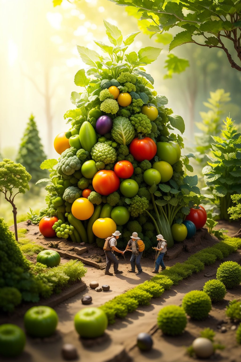 masterpiece,best quality,<lora:微缩世界-美食版:0.9>, miniature  photography,forest formed by vegetables,