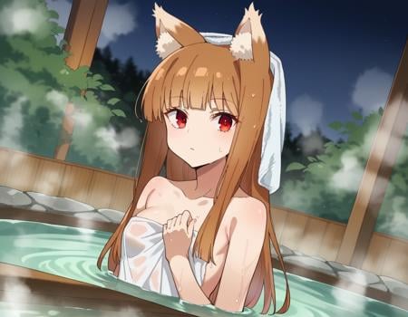 score_9, score_8_up, score_7_up, source_anime,wolfholo, <lora:wolf-holo-alpha-ponyxl-lora-nochekaiser:1>holo, red eyes, bangs, blunt bangs, sidelocks, animal ears, fox ears, brown hair, long hair,nude, naked, small breasts,outdoors, onsen, towel, naked towel, steam, bathing, nude cover, partially submerged, water, bath, steam censor, wet towel,looking at viewer, cowboy shot, dutch angle,