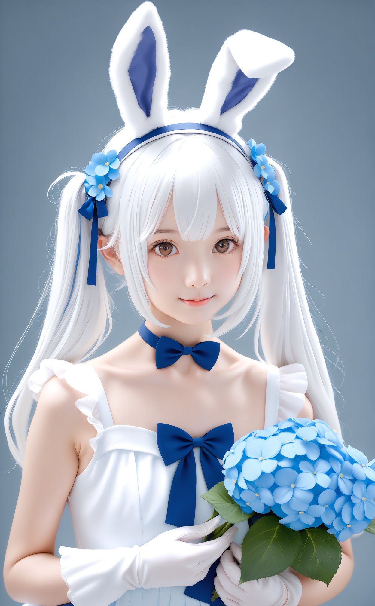 masterpiece,best quality,high quality,1girl,flower,gloves,hair flower,twintails,animal ears,dress,solo,rabbit ears,hair ornament,white gloves,white hair,white dress,brown eyes,smile,looking at viewer,upper body,long hair,blue flower,holding,bow,holding flower,grey background,sleeveless dress,hairband,bouquet,simple background,closed mouth,sleeveless,blue bow,fake animal ears,collarbone,blue ribbon,hydrangea,ribbon,lips,flat chest,holding bouquet,realistic,