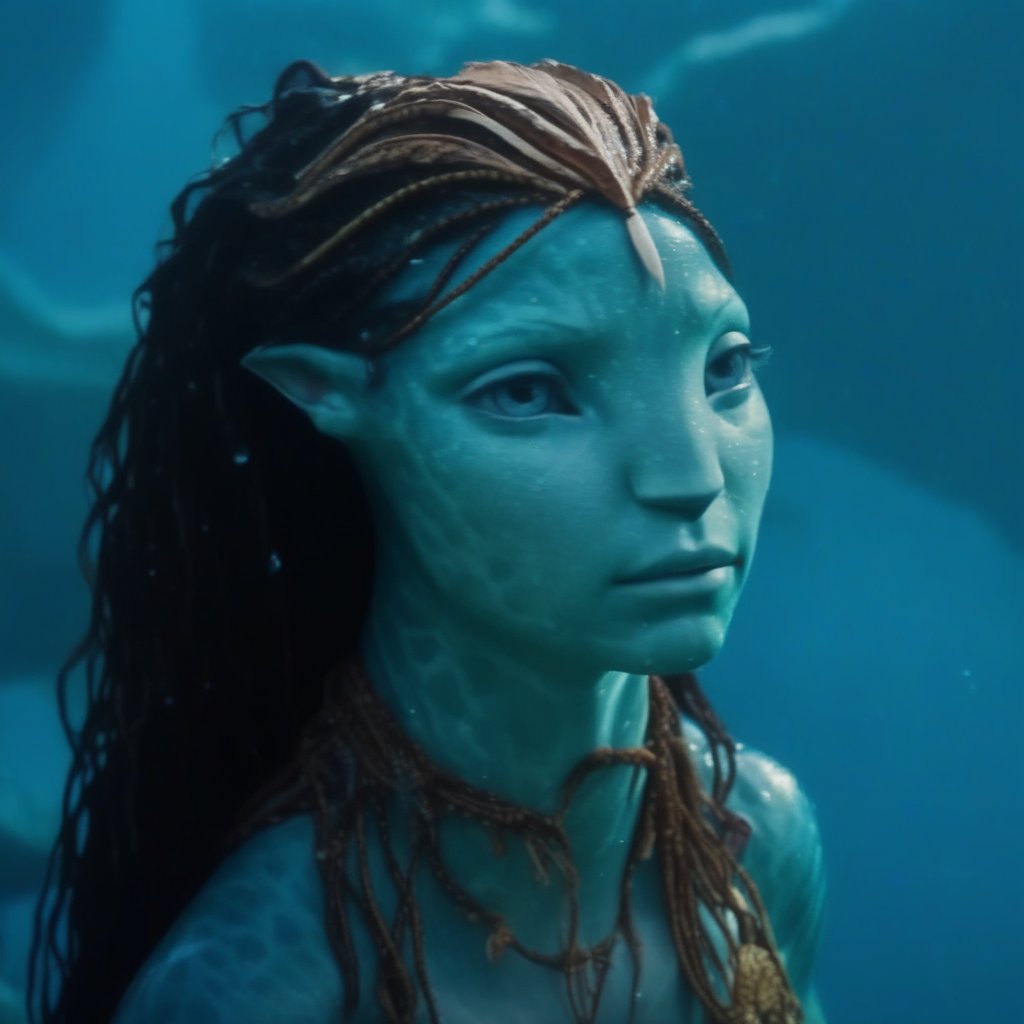 Beautiful na’vi, aqua skin, jewelry, reef, partially submerged, water, wet hair, movie scene, freckles, female focus, detailed, hdr, high quality