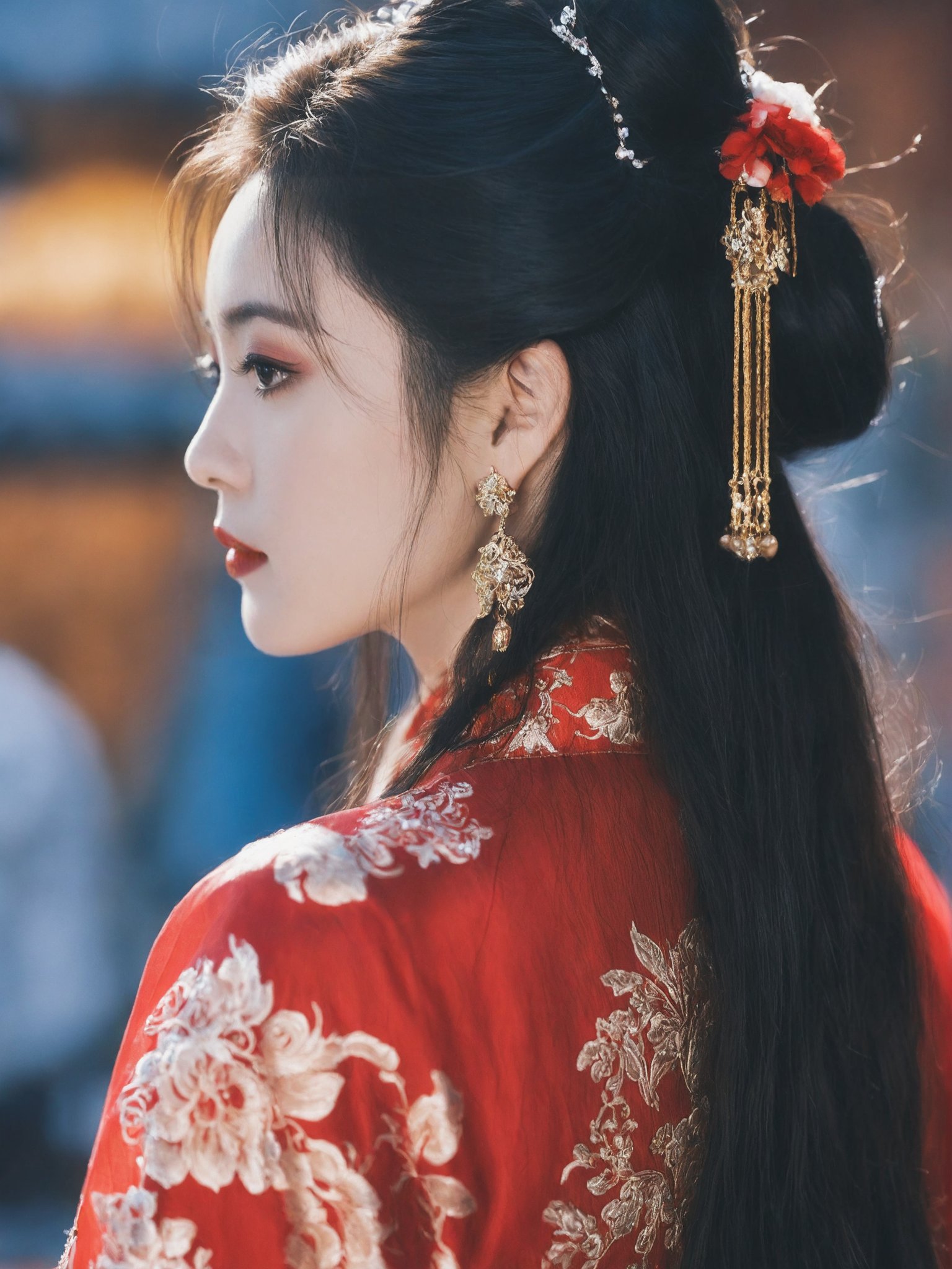 1girl, jewelry, black hair, earrings, solo, blurry background, long hair, blurry, hair ornament, upper body, dress, chinese clothes, black eyes, red lips, profile, bokeh, looking back, depth of field, from behind, hair bun, closed mouth, from side, red dress