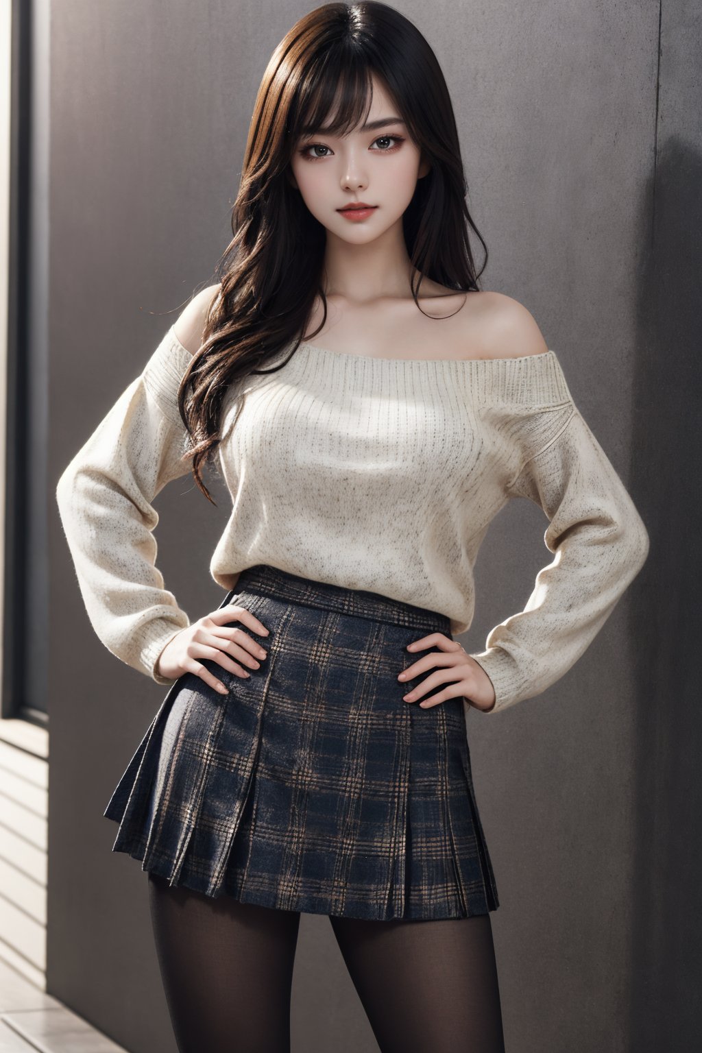 masterpiece,best quality,highly detailed,Amazing,finely detail,extremely detailed CG unity 8k wallpaper,score:>=60,1girl,hand on hip,upper body,maoyi,sweater,looking at viewer,standing,plaid skirt,pantyhose,