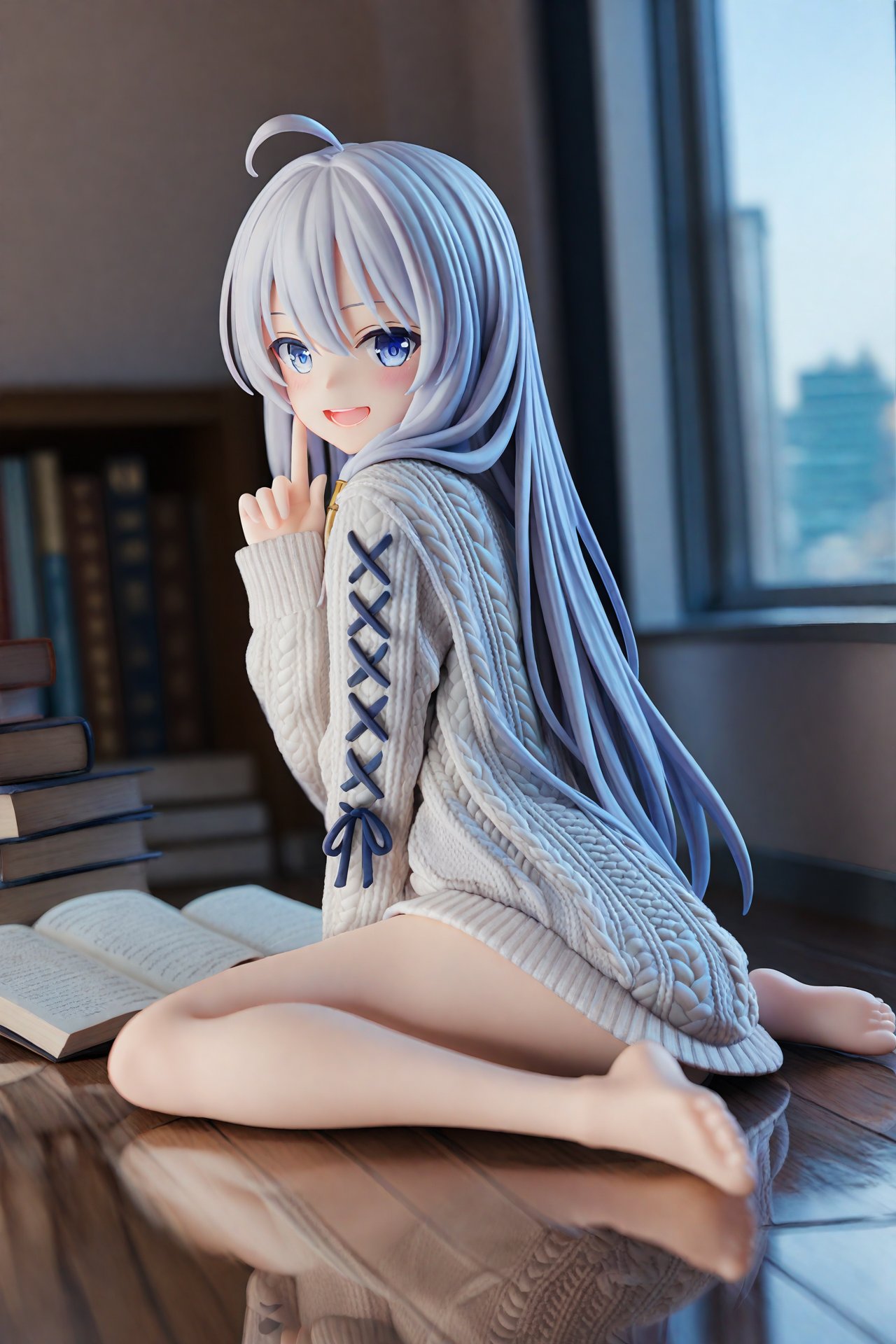 masterpiece,best quality,illustration,ultra detailed,hdr,Depth of field,(colorful),PVC Style,1girl,long hair,elaina (majo no tabitabi),solo,barefoot,ahoge,sweater,sitting,looking at viewer,smile,indoors,wariza,blue eyes,blurry,open mouth,book,grey hair,blurry background,bare legs,long sleeves,reflection,feet,hair between eyes,window,grey sweater,index finger raised,cable knit,aran sweater,:d,toes,legs,artist name,full body,very long hair,soles,