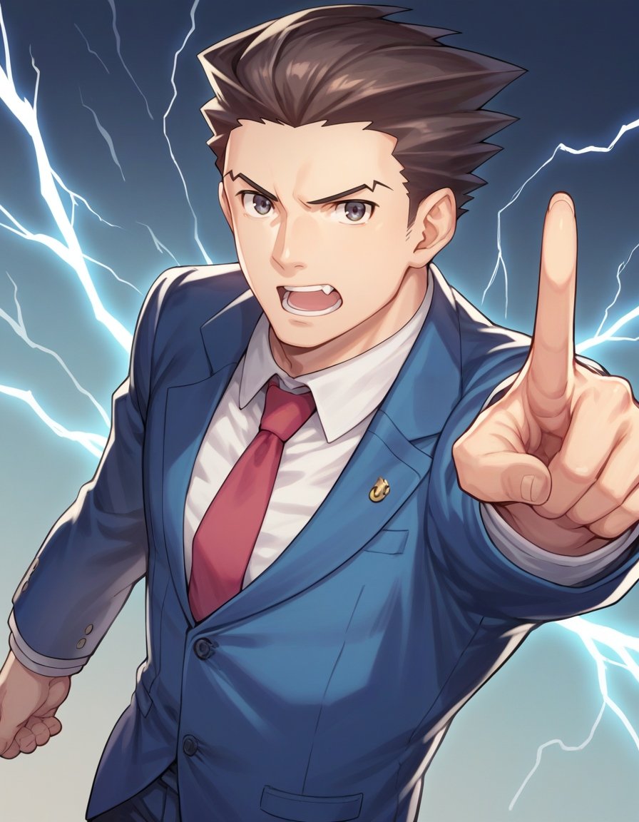 sscore_9, score_8_up, score_7_up, source_anime, phoenix wright, 1boy, solo, serious, male focus, formal, suit, cowboy shot, open mouth, upper teeth only, blue jacket, white shirt, red necktie, collared shirt, standing, pointing at viewer, (pointing:1.3), lightning, dynamic angle, dynamic pose, from above, arm up, <lora:Phoenix_Wright__Ace_Attorney:1.0>