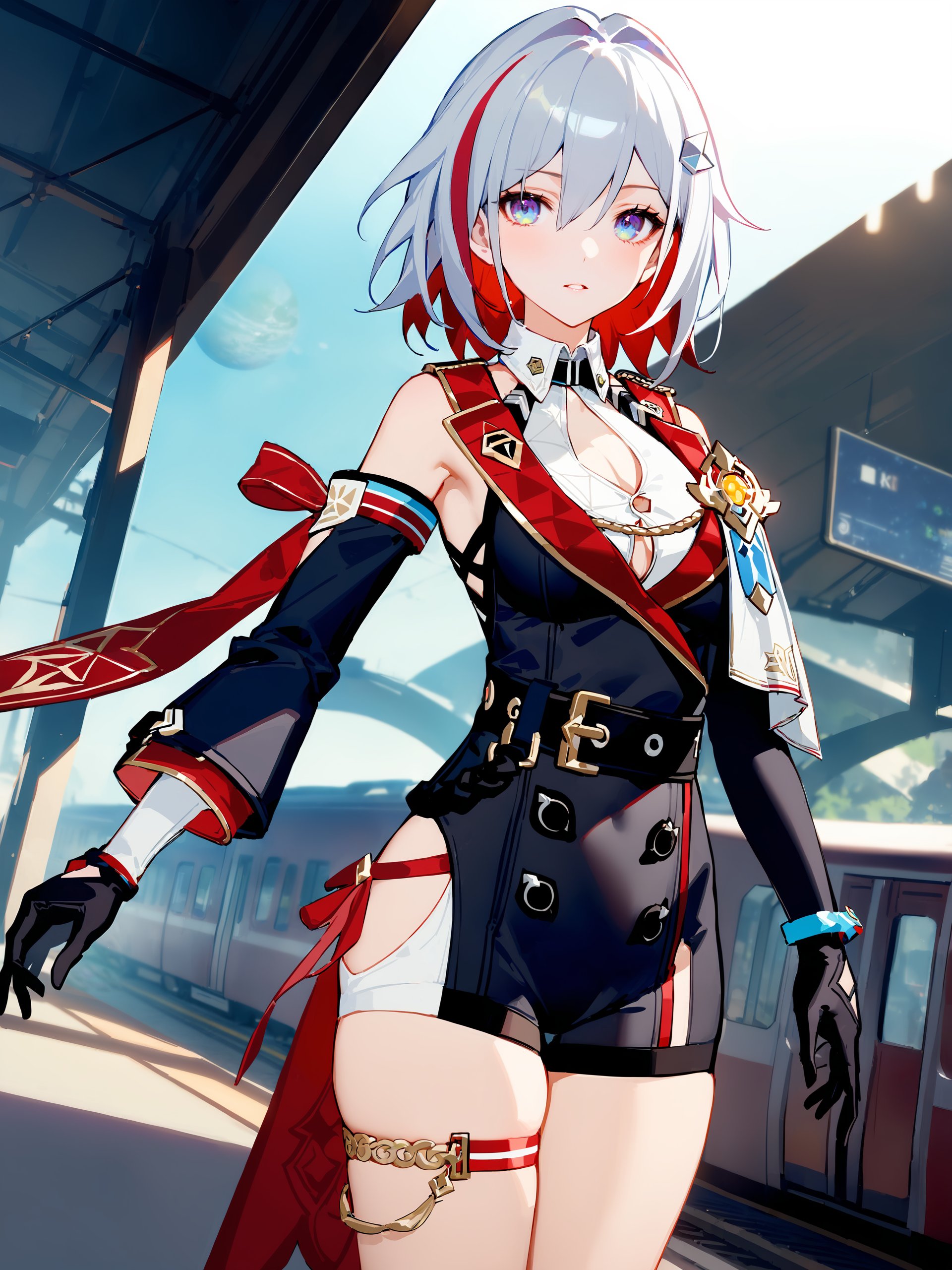 masterpiece, best quality, perfect features, intricate details, ray tracing, very aesthetic, (hitenkei, askzy:0.4), 1girl, topaz \(honkai: star rail\), solo, black gloves, thigh strap, hair ornament, unitard, detached sleeves, badge, side cape, sleeveless shirt, belt, train station, planet, starry sky, outdoors, depth of field, cowboy shot, looking at viewer  <lora:Char-HonkaiSR-Topaz-XL-V1:0.8>