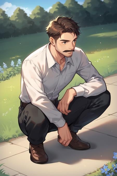 score_9, score_8_up, score_7_up, score_6_up, score_5_up, score_4_up, rating_safe, 1boy, solo, shirt, male focus, outdoors, flower, white shirt, shadow, squatting, facial hair, pants, collared shirt, black pants, grass, long sleeves, short hair, day, black hair, brown hair, blue flower, mustache, shoes, brown footwear, sky <lora:Smooth Anime Style LoRA XL:1>