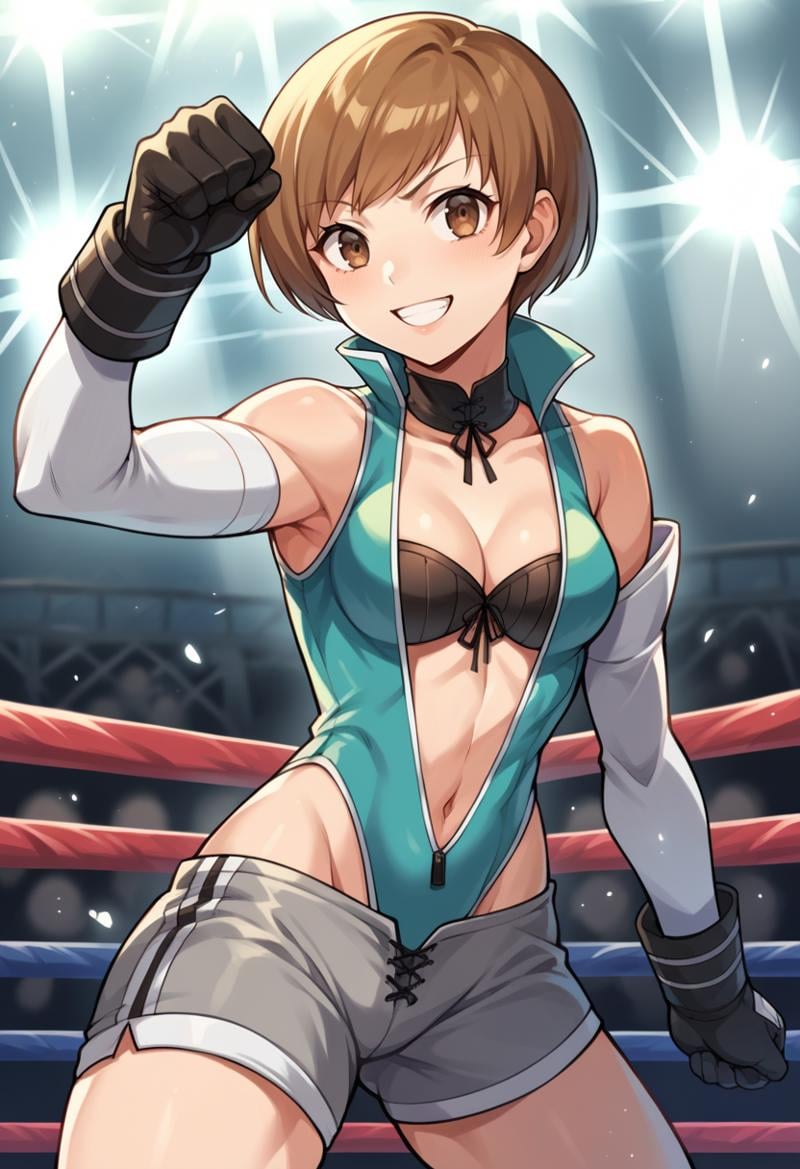 score_9, score_8_up, score_7_up, source_anime BREAK 1girl, solo, <lora:zs_ChieXL:1> chiefighter, brown hair, short hair, brown eyes, choker, leotard, cleavage, navel, sleeveless, black gloves, white sleeves, grey shorts, knee bootscowboy shot, smile, wrestling ring, fighting stance