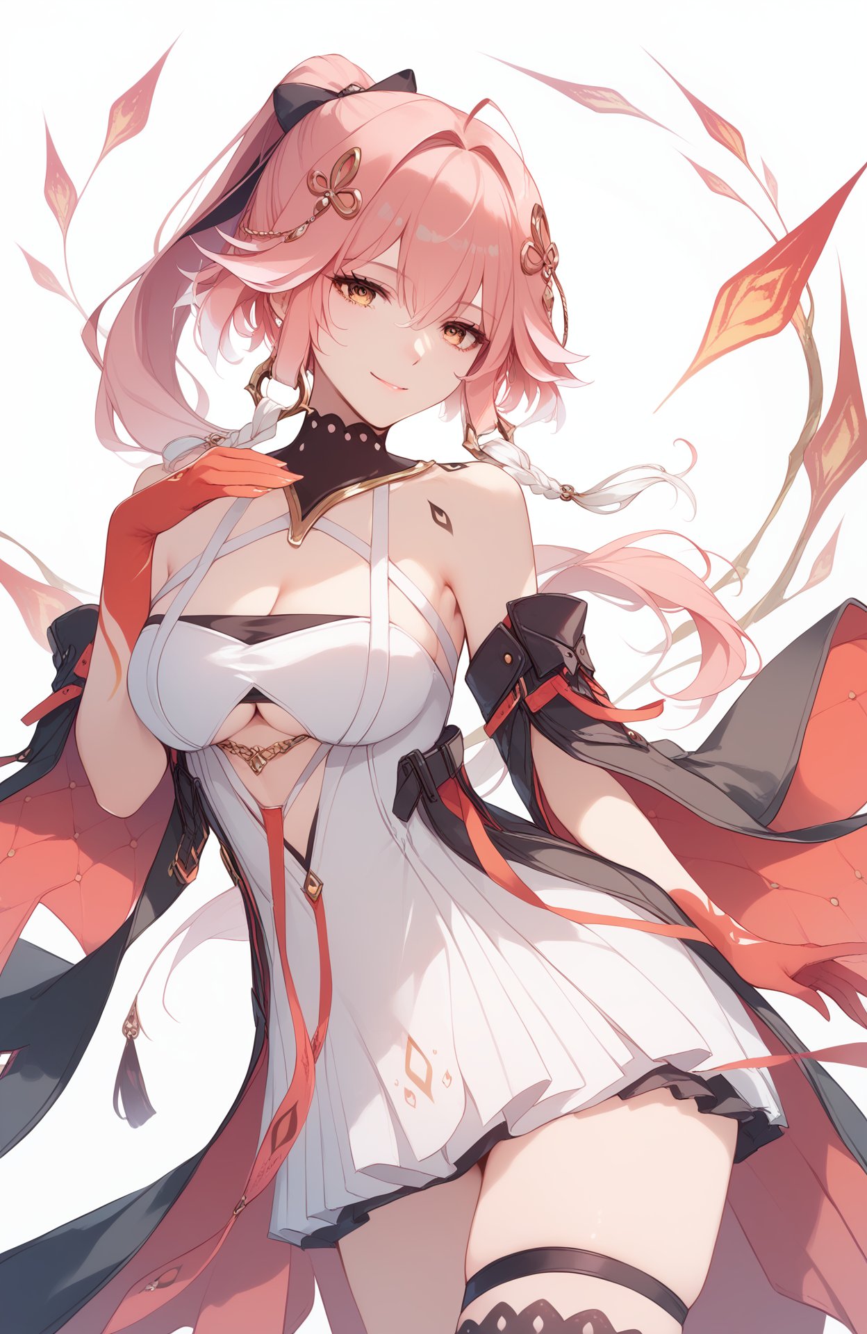 <lora:长离pony:1>,mcchangli,a girl named mcchangli,1girl,bare shoulders,smile,cleavage,white dress,black thighhighs,ponytail,thigh strap,braid,red gloves,, (score_9,score_8_up,score_7_up),(masterpiece,best quality,high quality:1.2),absurdres, prefect lighting, very aesthetic, anime BREAK