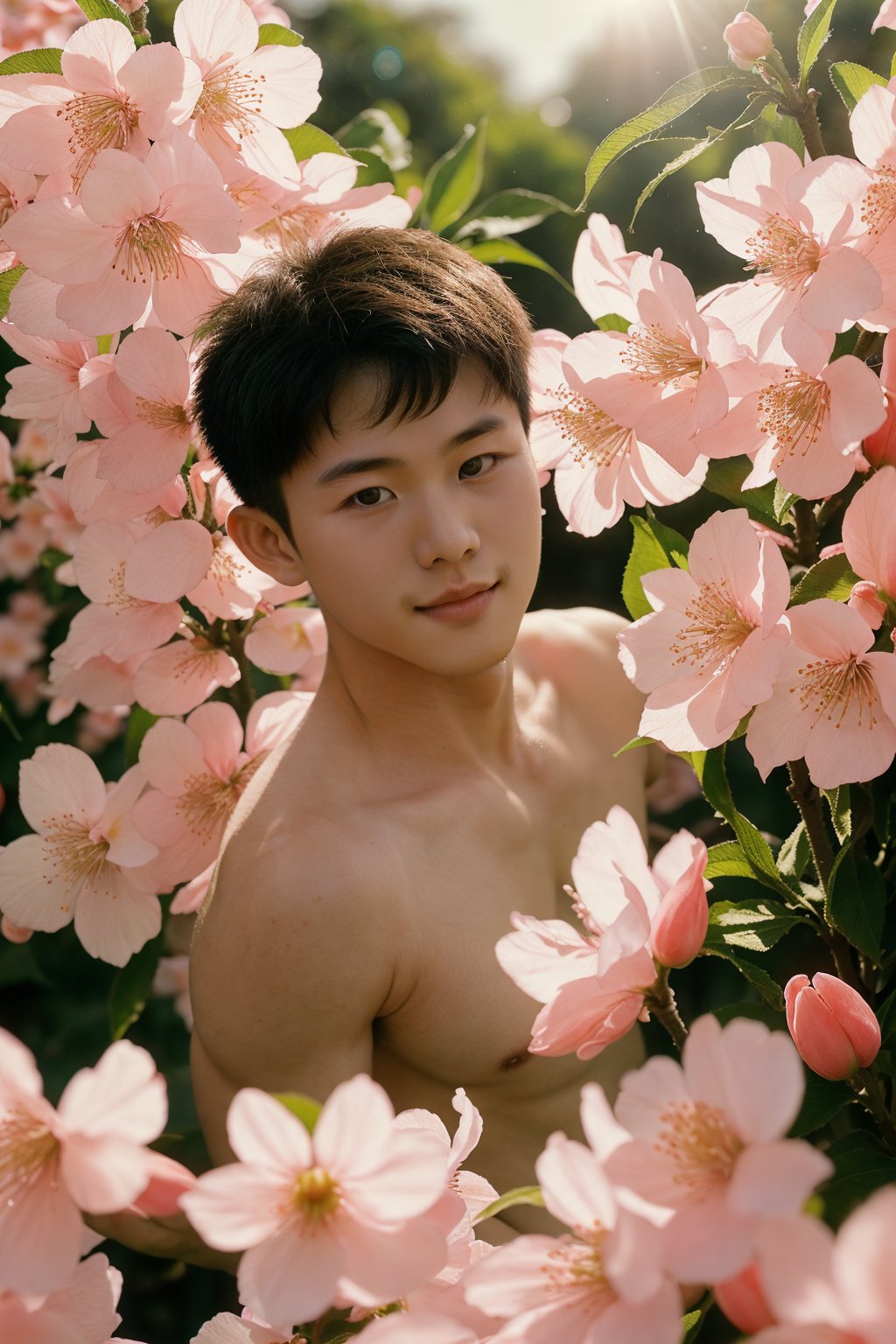 masterpiece,1 Boy,Facing the audience,Spring,Gardener,Outdoor,Garden,Peach blossom,Flying petals,Tri-X 400 TX,There is plenty of sunshine,35mm,18 years old,textured skin,super detail,best quality,