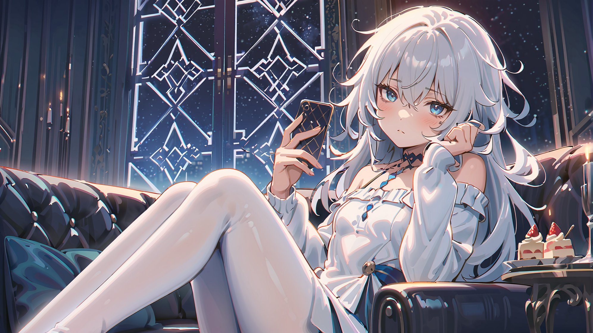 masterpiece,bestquality,onnk,line art,line style,indoors,sofa,window,dessert,baverage,night,2girls ADDBASE1girl,blue eyes,white hair,long hair,hair between eyes,medium breasts,white shirt,button,long sleeves,black pantyhose,light blush,seductive smile,half-closed eyes,looking at viewer,pov,sitting on sofa,knees up,head rest ADDCOL1girl,blue eyes,white hair,long hair,hair between eyes,small breasts,messy hair,bags under eyes,off-shoulder sweater,long sleeves,white pantyhose,expressionless,light blush,:<,half-closed eyes,looking at viewer,pov,sitting on sofa,knees up,holding phone,