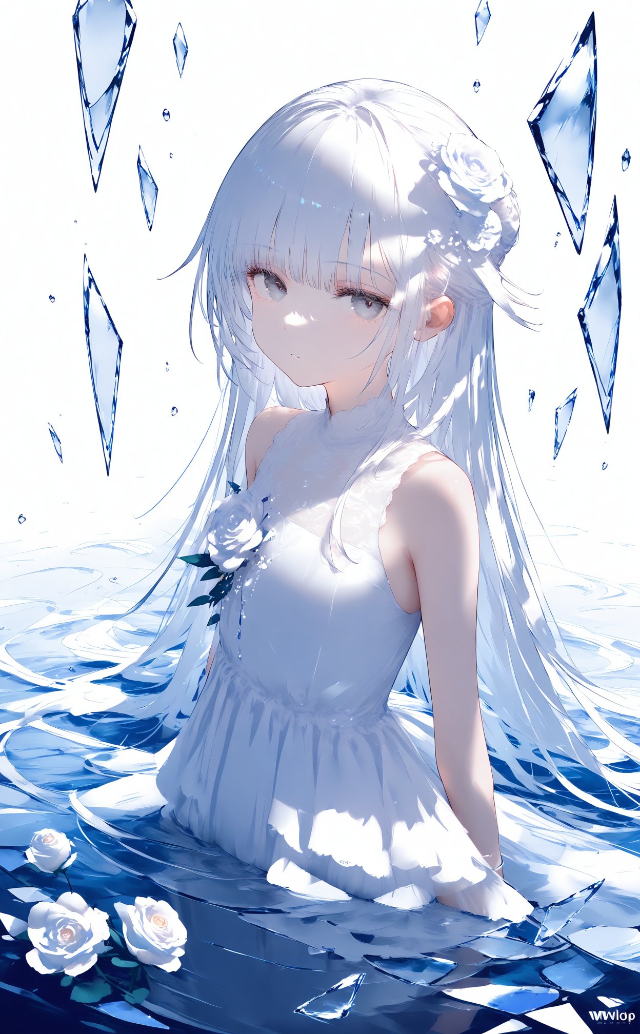 masterpiece,best quality,high quality,(colorful),nai3 Style,loli,1girl,solo,long hair,dress,looking at viewer,white eyes,glass,grey eyes,white dress,white hair,flower,broken glass,white theme,bare shoulders,blue theme,dress flower,glass shards,white flower,water,parted lips,closed mouth,sleeveless,reflection,sleeveless dress,watermark,white rose,expressionless,