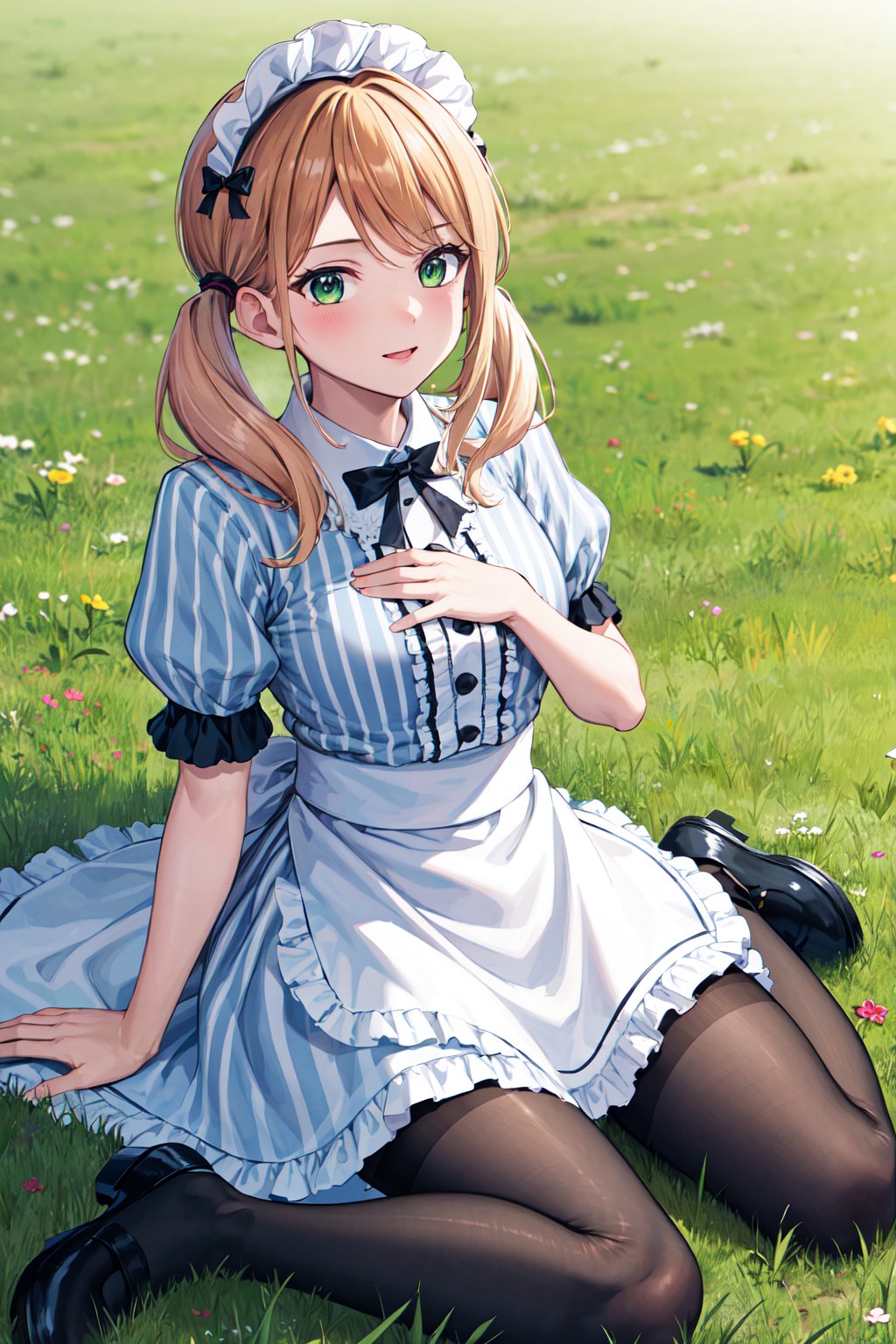 masterpiece, best quality, highres, 1girl, solo, blonde hair, low twintails, maid headdress, hair bow, green eyes, neck ribbon, frills, vertical stripes, blue dress, short sleeves, apron, black pantyhose, <lora:tsukishima_riho_v1:0.7>, wariza, field, grass, hand on own chest