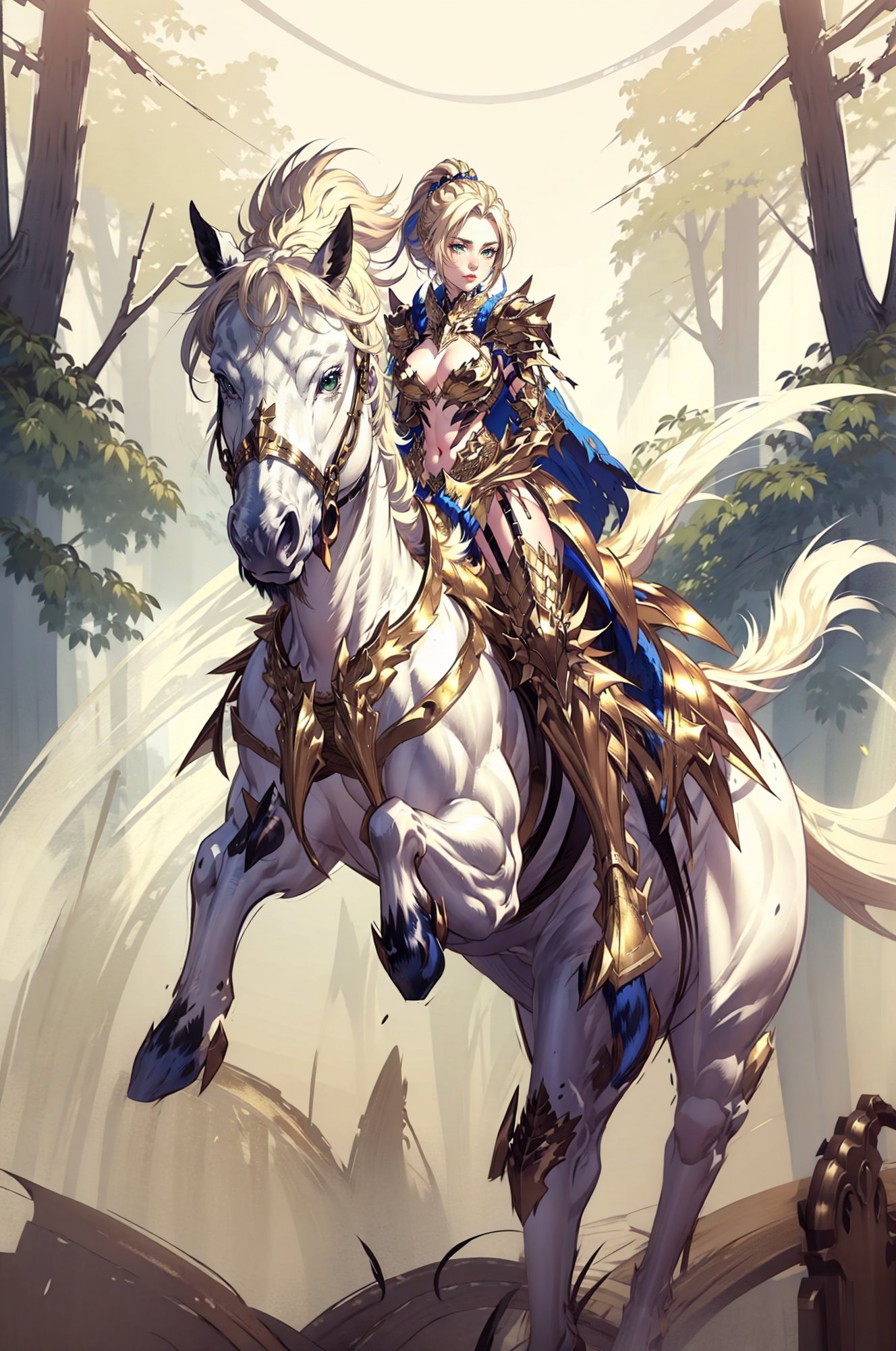 stunning woman wearing LAColdFury, <lora:LAColdFury:0.9>, (blonde hair:1.2), high ponytail, garter strap, blue cape, gold armor, (gold boots), (high heel boots), (wide angle shot, far shot:1), (1 horse), warrior woman riding on a white horse, (horse galloping:1.3), (motion blur),  <lora:riding_a:0.6>, (riding a white warhorse:1.3), posing, BREAK, Background of mystical forest, (white and gold background), (white theme:1.3), BREAK, (masterpiece:1.4), (4k:1.2), (extreme resolution:1.2), (highly intricate:1.2), (studio quality:1.2), (extremely detailed:1.2), (beautiful and aesthetic:1.4)  