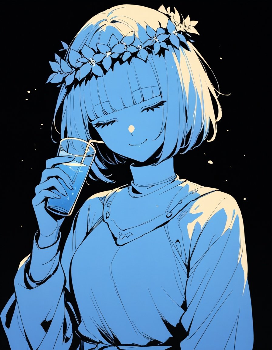 fwks, 1girl, solo, short hair, bob cut, closed eyes, smile, holding cup, blunt bangs, upper body, long sleeves, closed mouth, black background, drink, hand up, head wreath, limited palette, masterpiece, best quality, <lora:fwks:1.0>