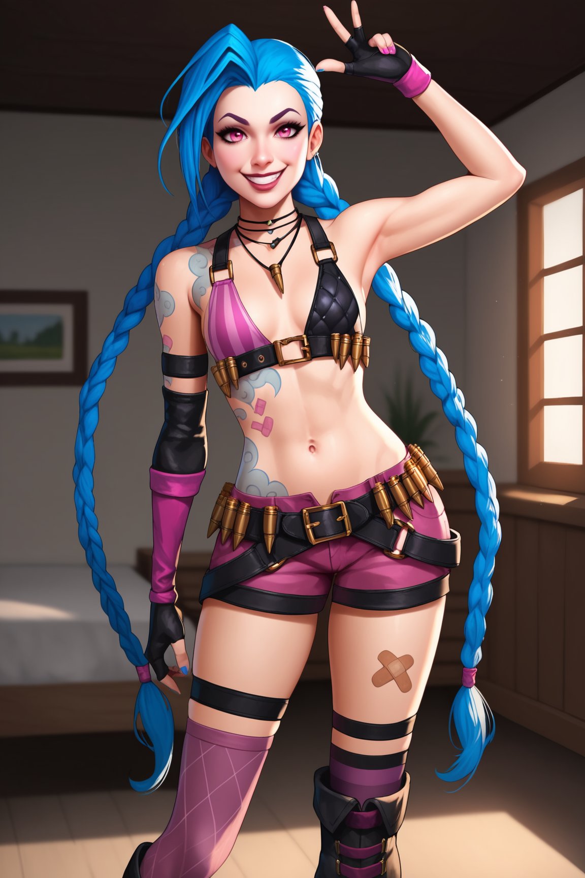 score_9, score_8_up, score_7_up, score_6_up, score_5_up, score_4_up, JinxLoLXL, pink eyes, blue hair, bangs, long hair, braid, twin braids, tattoo, small breasts, necklace, bikini top only, two-tone bikini top, navel, gloves, single elbow glove, fingerless gloves, purple short shorts, bullet belt, single purple thighhigh, bandaid on leg, boots, standing, dynamic pose, seductive smile, looking at viewer, indoors <lora:JinxLoLXL:0.7>