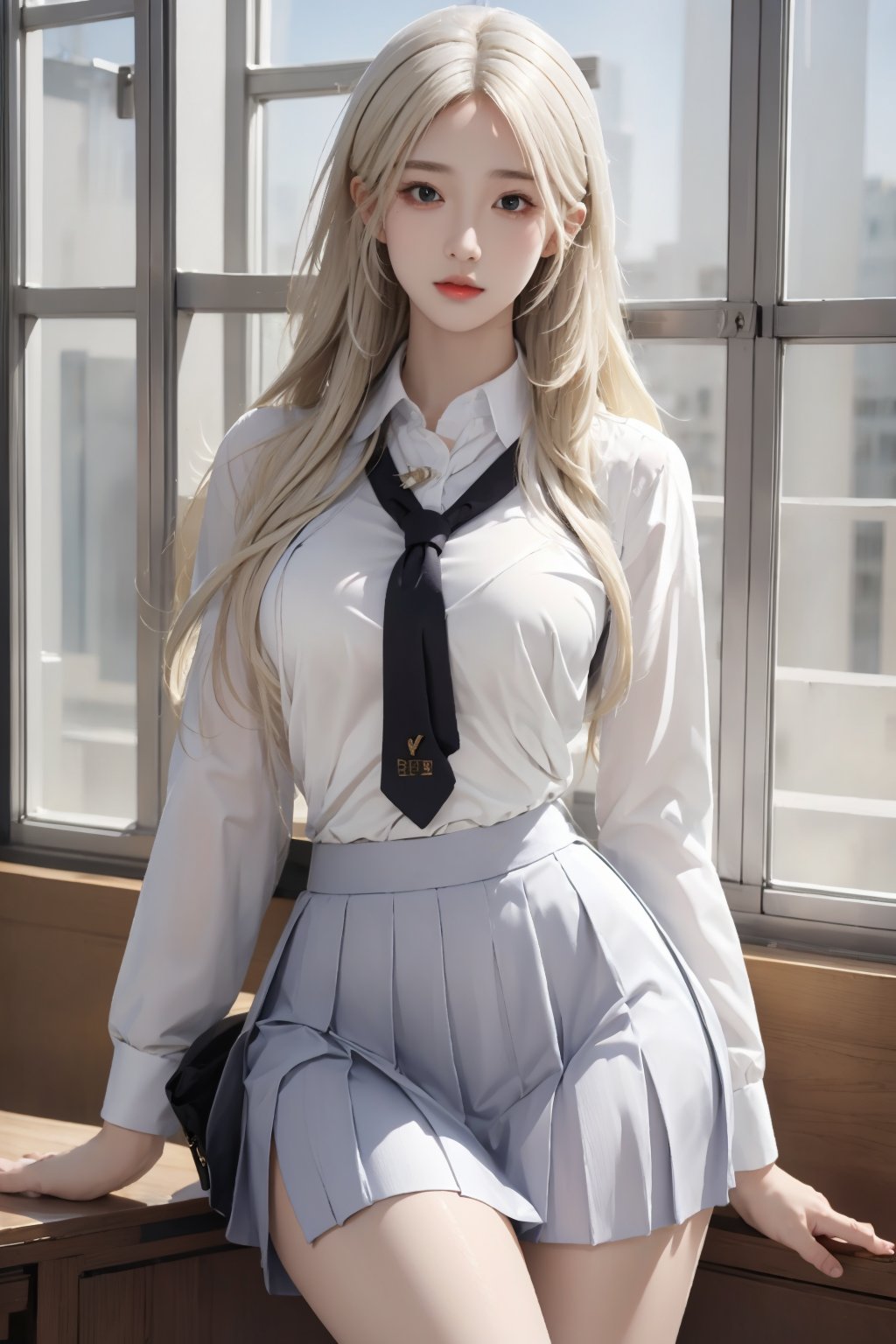 (masterpiece),(best quality),(ultra detailed),realistic,1woman,solo,hips up,closed mouth,school uniform,accessories,<lora:ntmix:0.7>,light hair,