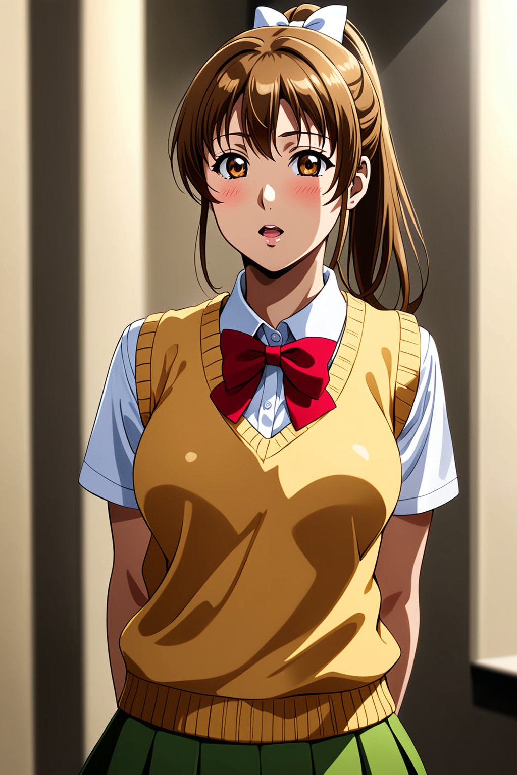 sunohara shizuka, 1girl, solo, skirt, breasts, brown hair, medium breasts, green skirt, brown eyes, , sweater vest, ponytail, bow, long hair, looking at viewer, shirt, pleated skirt, red bow, white shirt, short sleeves, hair bow, bowtie, thighs, collared shirt, blush, miniskirt, red bowtie, white bow, yellow sweater vest, ribbon, parted lips, yellow vest, standing, cowboy shot, open mouth, high ponytail, hair ribbon, hair between eyes, vest, hands behind back, vibrant lighting, high contrast, dramatic shadows, highly detailed, detailed skin, depth of field, masterpiece, best quality, expressive eyes, perfect face, perfect body, beautiful girl, cute girl,<lora:sunohara shizuka aam 2:1>