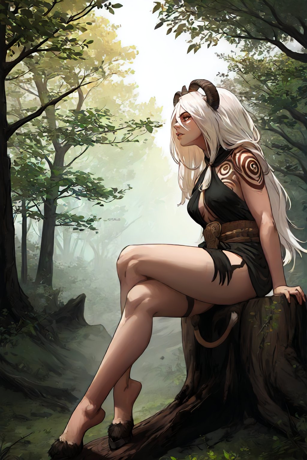 <lora:TW_Succubus-DEF:0.8> witsucc,   <lora:Yorha_A2-DEF:0.6> 1girl, long hair, white hair, lion tail, ram horns, goat legs, hooves, sitting on a tree stump, nature, looking away, halterneck, waistcloth, tattoo, perfect, sharp, masterpiece, detailed, high resolution, best quality,