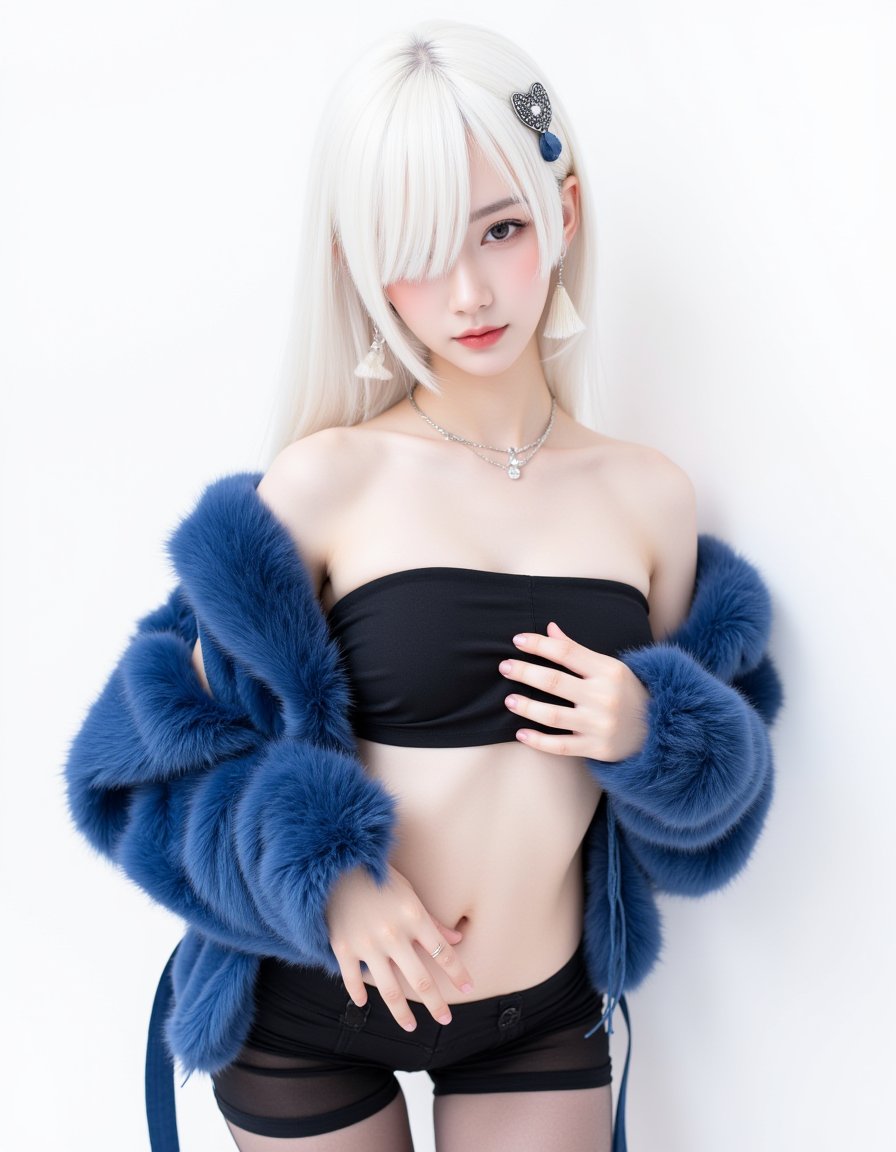 A strikingly beautiful girl with long white hair,partially covering one eye,gazes directly at the viewer. She wears a fur-trimmed blue jacket off her bare shoulders,revealing a crop top that shows her midriff. Her look is completed with jewelry,tassel earrings,and a stylish hair ornament. The minimalist white background enhances the focus on her figure,where her hand rests gently on her chest,emphasizing her navel and thigh gap. The outfit consists of shorts and pantyhose,blending elegance with a modern edge.,