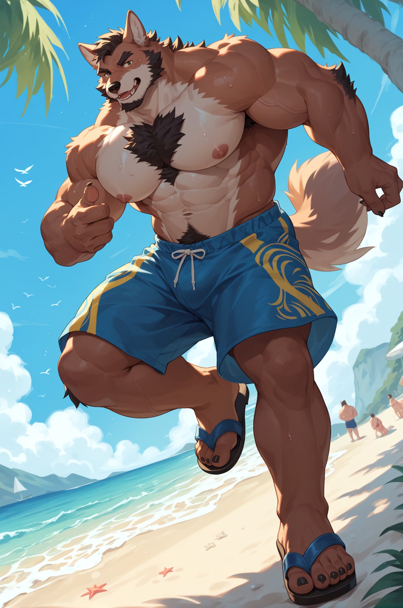 score_9,score_8_up,score_7_up,score_6_up,furry,kemono,high quality,full body,tail,furry,rating_explicit,embedding:zPDXL3 BREAK anthro male furry,solo,Animation style,(very hairy chest, very hairy abdomen, pubic hair, hand hair, thigh hair, veins, bara, manly, mature man,sexy daddy),( beach, seaside party, swimsuit and shorts, crotch protrusion, sandals, walk, sexy eyes,  hot summer, sweat, body fluids, diving),wolf tail,