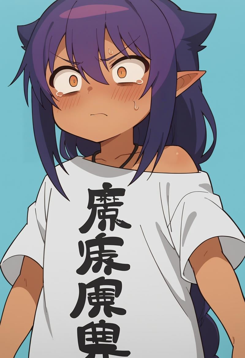 score_9, score_8_up, score_8, source_anime, 1girl, <lora:Jahy:0.85> solo, chibi, dark skin, dark-skinned female, long hair, hair between eyes, purple hair, pointy ears, shirt, white shirt, clothes writing, oversized clothes, blush, shock, constricted pupils, upper body, view from below, light blue background, simple background,