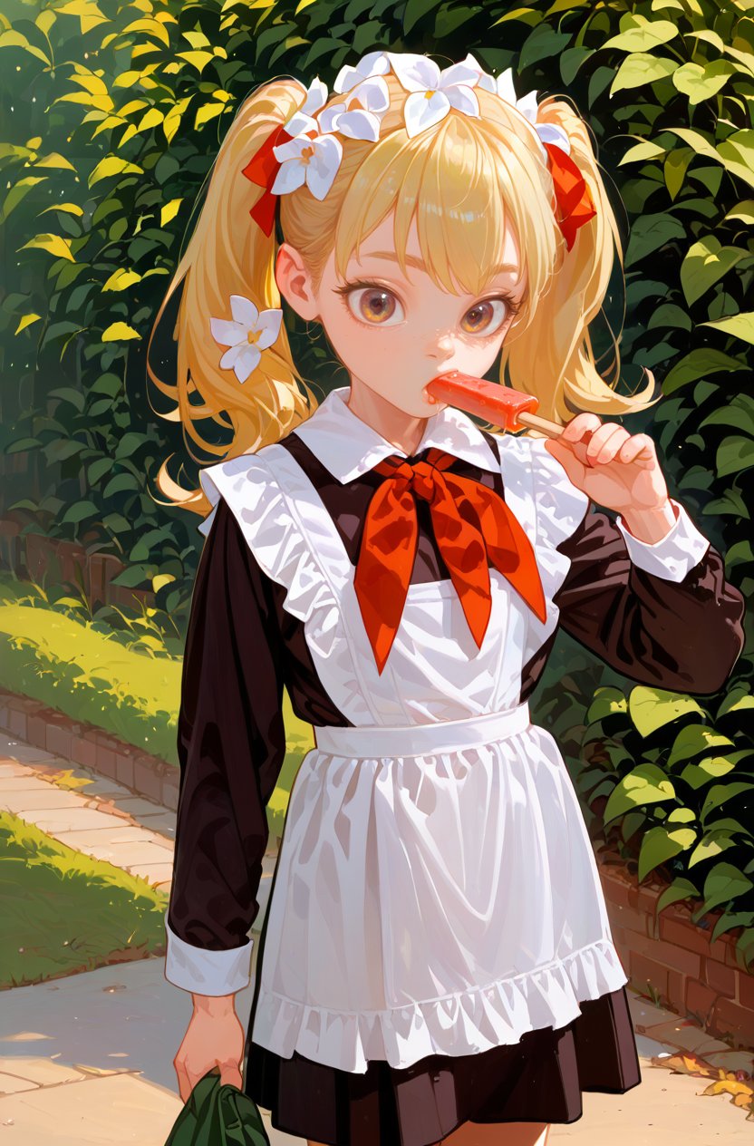 1girl,blonde,twintails,(solo:1.5),theme park.holding Popsiclewhite apron,brown dress,(long sleeves:1.1),red neckchief,cccpuniform <lora:Perfect Hands:1>  <lora:苏式校服:0.85>   <lora:age_slider_v4:-1> <lora:naip33:0.7> <lora:fkey_pony_v1:0.5>, score_9, score_8_up, score_7_up, score_6_up, score_5_up, score_4_up,zPDXL